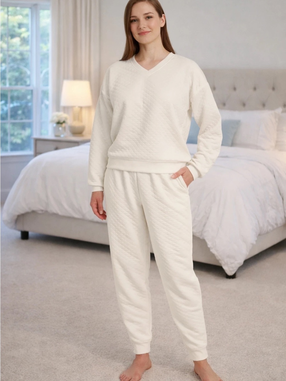Lands End Women's Quilted 2-Piece Lounge Set, Cream, Size MEDIUM